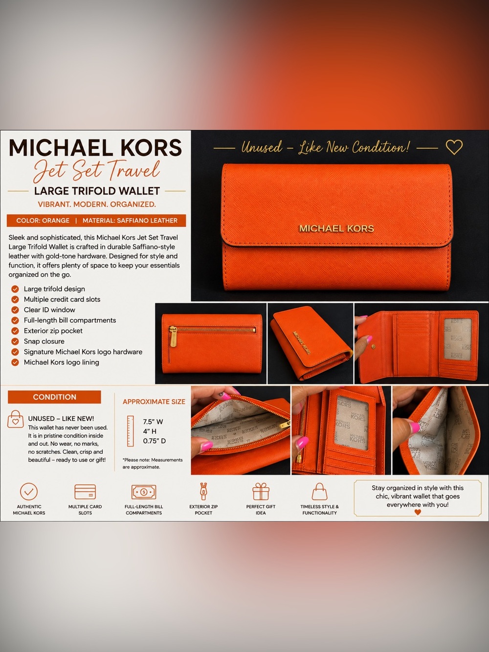 Michael Kors Jet Set Travel Large Trifold Wallet Orange Saffiano Leather
